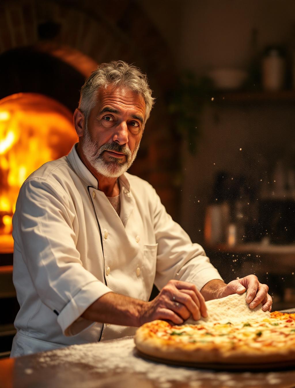 Mario, Gruender von Pizza Mario, vor seinem Holzofen